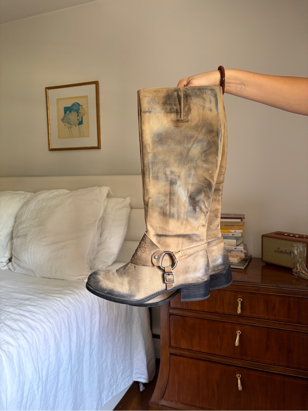 Vince Camuto Distressed Tan Over-the-Knee Harness Weatern Boots